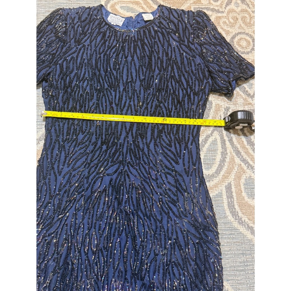 Vintage Stenay Silk Beaded Sequin Cocktail Dress Navy Blue Short Sleeve Size 8 - Picture 6 of 7